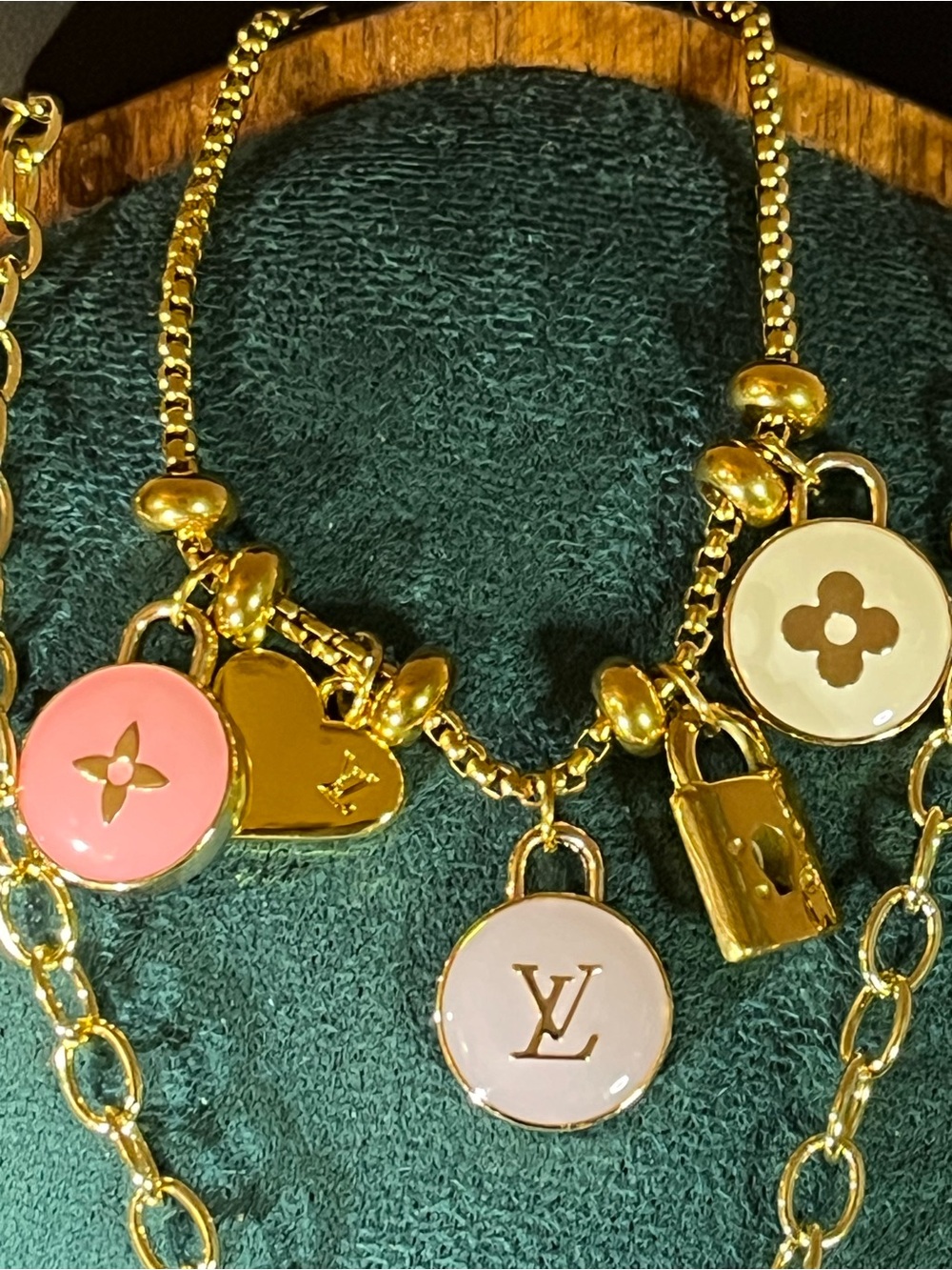Gold Pink & White Charm Bracelet 6-9” (Skittles!) &Vivi Pendant Necklace 16-18” - Picture 4 of 5